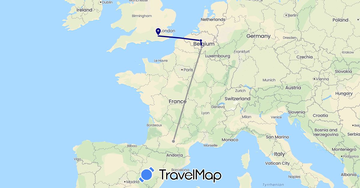 TravelMap itinerary: driving, plane in Belgium, France, United Kingdom (Europe)